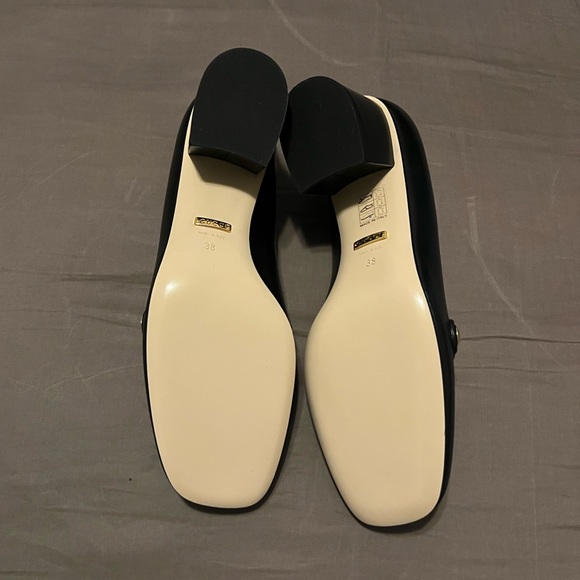 NEW GUCCI shoes heels pumps Black Leather Sylvie Web Stripe Chain Block Size 38 - Picture 9 of 11